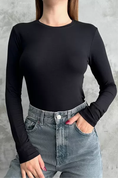 Siyah Bisiklet Yaka Basic Uzun Kollu Body 