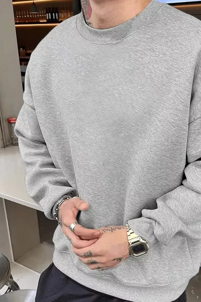 Herren Basic Sweatshirt in schlichtem Grau, ohne Aufdruck, mit Rundhalsausschnitt, Oversize und locker geschnitten