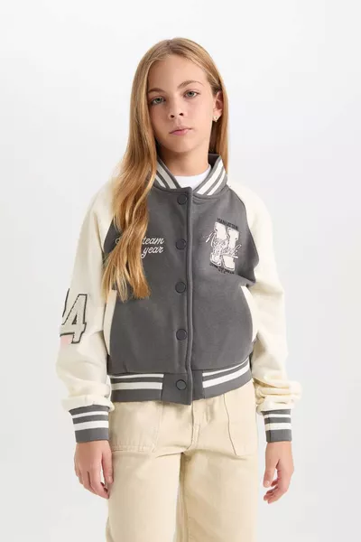 Girls' Embroidered College Collar Snap-Front Soft Fleece-Lined Bomber Jacket WN