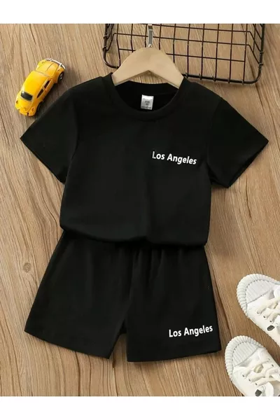 Unisex Girl/Boy Kids Los Angeles Custom Printed Cotton Crew Neck T-Shirt and Shorts Set