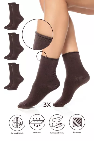 Calze da donna in bambù marroni senza elastico, senza cuciture, premium, confezione da 3 / Senza lasciare segni - Non stringono