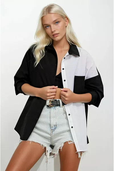 Chemise basique en popeline à blocs de couleurs noir et blanc pour femme 