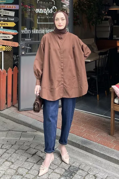 Piped Cuff Tunic Dark Brown