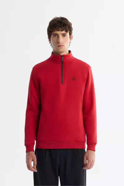 Men's Red High Collar Zip-Up 3-Ply Brushed Regular Fit Sweatshirt 