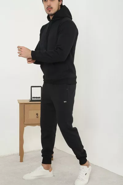 Erkek Siyah 3 Iplik Kalın Kumaş Cepli Kapüşonlu Eşofman Takım