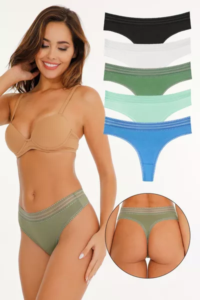 Lot de 5 tangas en coton avec dentelle et élastique pour femmes - 