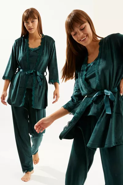 Emerald Soft Velvet 3-Piece Pajama Set with Rolled Sleeve Strap Pants