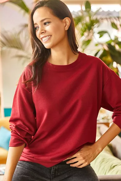 Kadın Düz Bordo Basic Yumuşak Dokulu Salaş Sweatshirt 