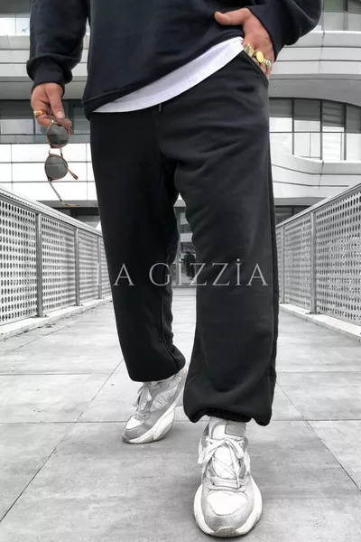 2-Ply Summer Black Oversized Sweatpants with Elastic Ankles, Plus Size, Loose Fit