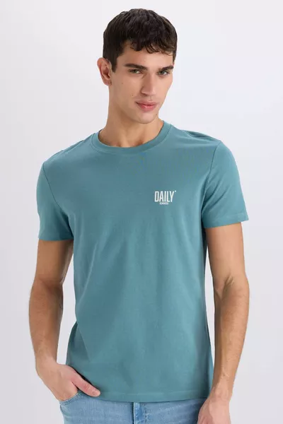 % Pamuk Slim Fit Dar Kesim Bisiklet Yaka Baskılı Kısa Kollu Tişört SM