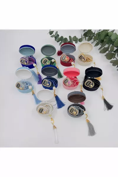  Adet Flok Kadife Kaplı Oval Kutulu Lüks Zikirmatik Ve Inci Tesbih Seti ( Mevlit-sünnet-hac-umre)