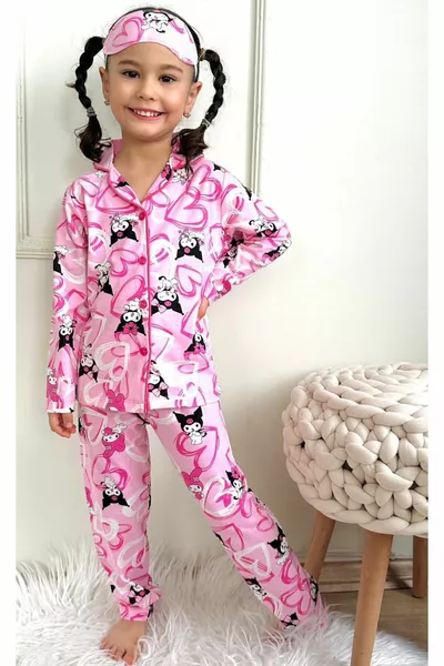 Girl's Long-Sleeve Pajama Set with Pattern - Size Chart Available in Images