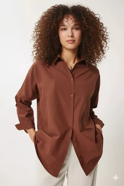 Chemise longue basique oversize marron pour femme 