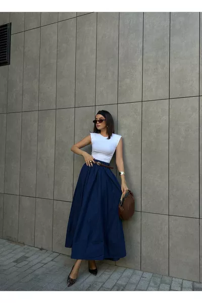 Lacivert Poplin Beli Lastikli Uzun Etek 