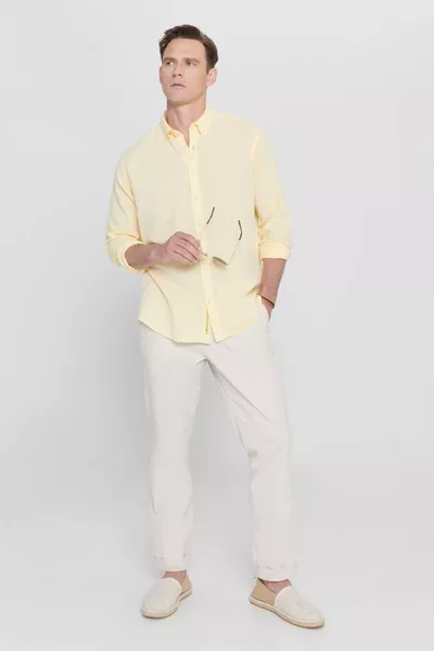 Men's Yellow Linen Comfort Fit Casual Shirt with Button Collar