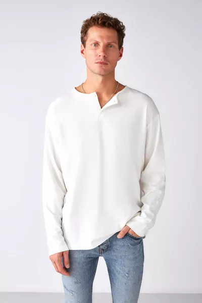 Lorenzo Men's Special Rustic Textured % Organic Cotton Button-Detail Regular Ecru Sweatshirt