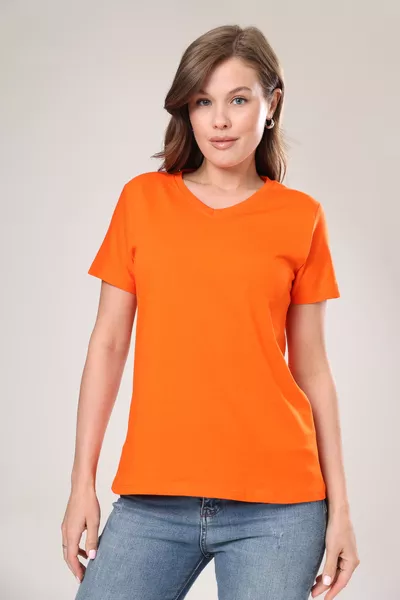 % Cotton Super Quality Orange V-neck Women's Basic T-shirt Knitted Cotton Jersey T-shirt Orange