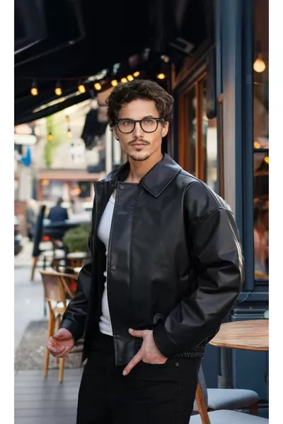 سترة بومبر جلدية كبيرة الحجم بأناقة المال القديم للجنسين