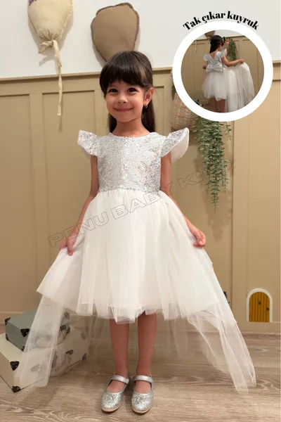 فستان بيبي بنات بأكمام قصيرة وتنورة تول مزين بالترتر الأبيض - إليزابيث