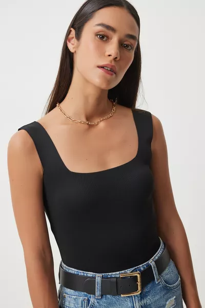 2'li Kare Yaka Kalın Askılı Triko Bluz SİYAH BEYAZ 