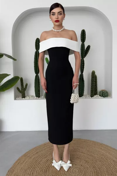 أطلس النسيج الأبيض حمالة طوق شق ميدي طول أسود مساء اللباس مع سستة على الظهر 