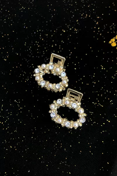 Épingles à cheveux métalliques dorées pour femmes, modèle ovale mini par 2, ornées de pierres et de perles