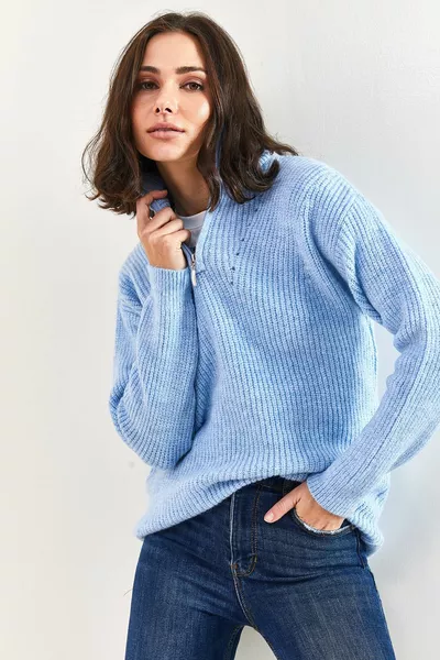 Women's Zippered Turtleneck Oversize Knit Sweater