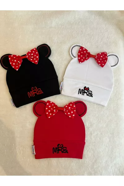 Black White Red Set of 3 Mickey Mouse Figurine Cotton Hats for Baby Girls and Boys