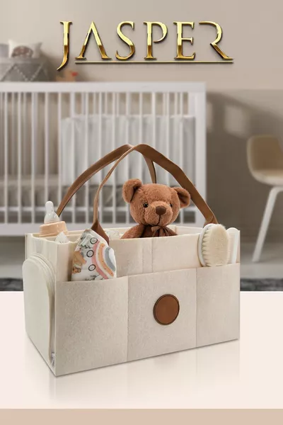 حقيبة عناية للأم والطفل بلون البيج مصنوعة من اللباد مع غطاء ومقابض من الجلد البني