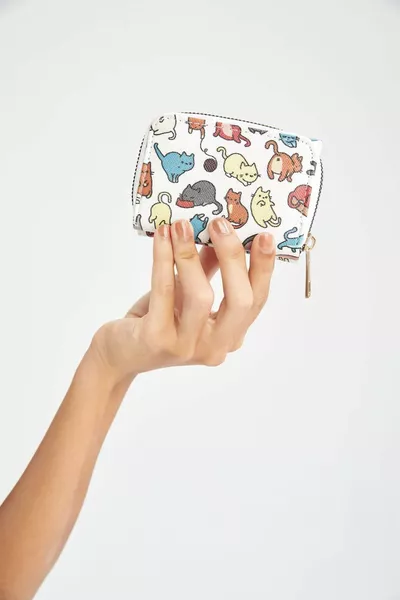 Kadın Kedi Desenli Suni Deri Cüzdan AZNS