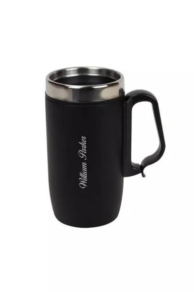 كوب ترمس فولاذي فاخر مع مقبض مع اسم شخصي - أسود