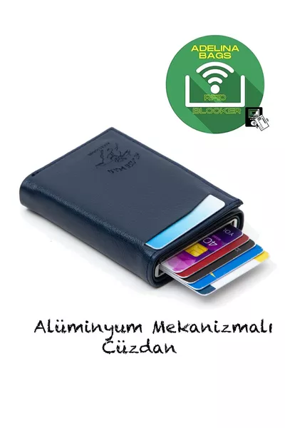 Adelina Unisex Donkerblauw Leren Automatisch Mechanisme Ritsportemonnee met Kaartvak