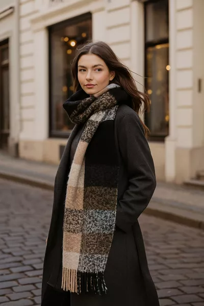 Black Checkered Patterned Thick Warm Stylish Winter Scarf with Tassels 