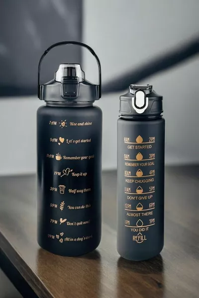 قارورة ماء تحفيزية مزدوجة مع مصاصة وملصق، سعة 2 لتر + مل، زجاجة ماء Tritan للأطفال لصالة الألعاب الرياضية