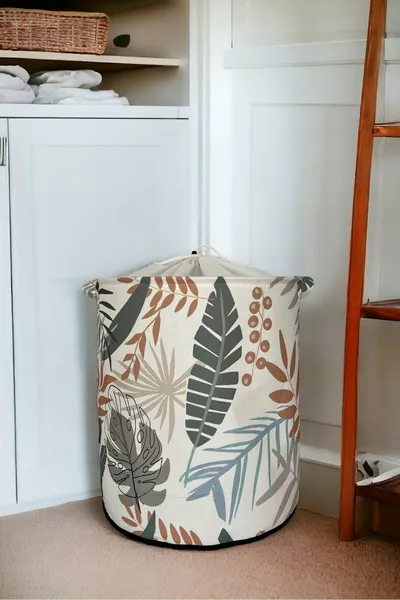 سلة تخزين قابلة للطي للأطفال بغلاف شبكي بنقشة أوراق للملابس المتسخة وألعاب غرفة الأطفال 