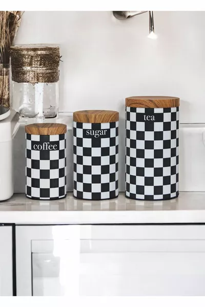 Lot de 3 bocaux en métal motif damier avec couvercle en bambou pour thé, sucre et café DM