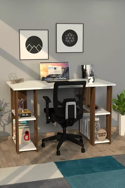 Работна маса Hipo с рафт за книги, орех