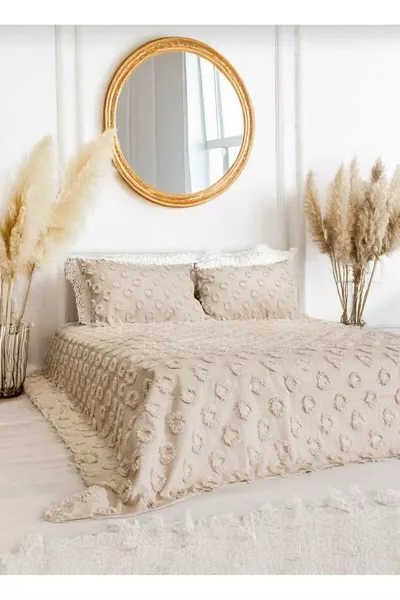 Ponpon Desenli 3 Parça Çift Kişilik Yatak Örtüsü