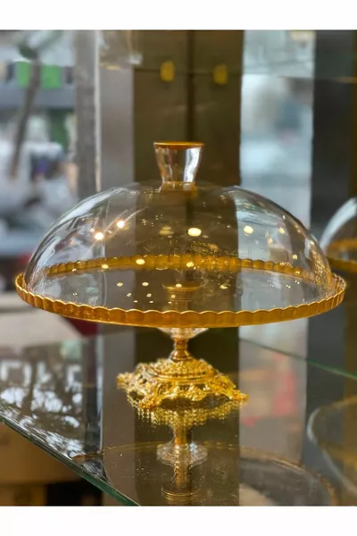 Gold Metal Ayaklı Cam Kapaklı Kek - Pasta Stantı Fanus 