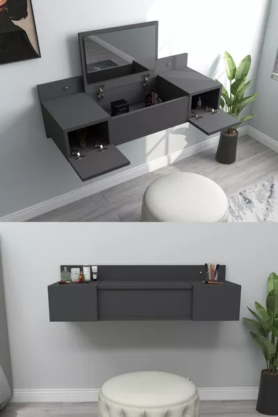 Zakkum Makeup Table with Mirror and 2 Shelves, Charcoal