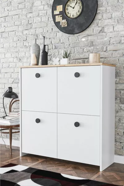 خزانة زخرفية من هاوس بأربعة أبواب وأربعة رفوف - خشب البلوط الأبيض