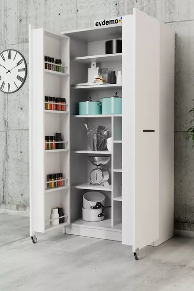 خزانة مطبخ بيضاء ببابين لتخزين المواد الغذائية