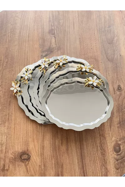 صينية تقديم فاخرة مستطيلة الشكل مزودة بـ 6 إكسسوارات دوّار فضي، مصنوعة من الفولاذ المقاوم للصدأ بحجم  سنتيمتر، للقهوة