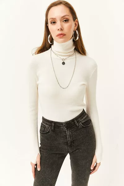 Women's Ecru Turtleneck Blouse with Finger Detail and Stretch 