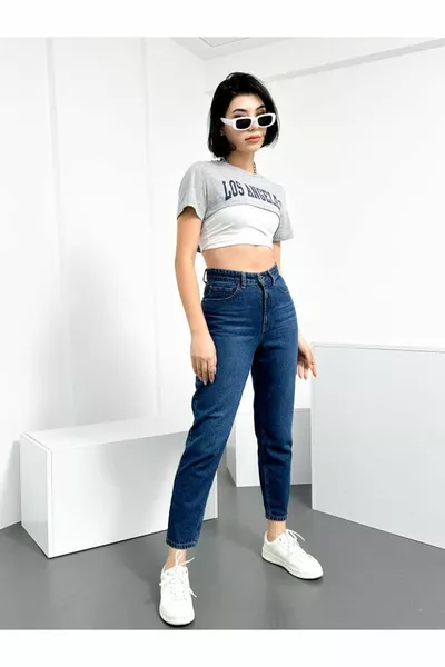 أزرق غامق نسائي ليكرا أمي جينز عالي الخصر بسط جينز آنا كيمافي