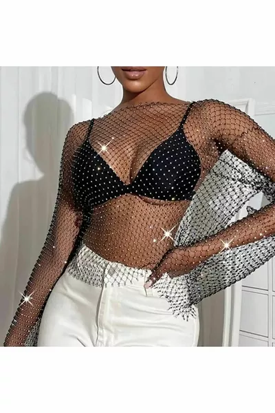 Blusa Crop in Rete con Cristalli