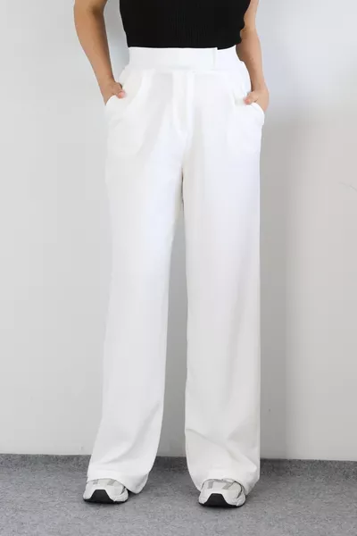 بنطال بالازو أبيض بقماش ليكرا نسائي مع إغلاق لاصق