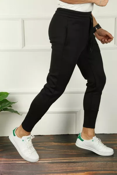 بنطال رياضي رجالي أسود ضيق من قماش سكوبا للخارجية