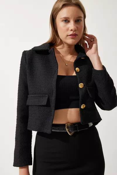 Women's Black Crop Tweed Blazer Jacket 