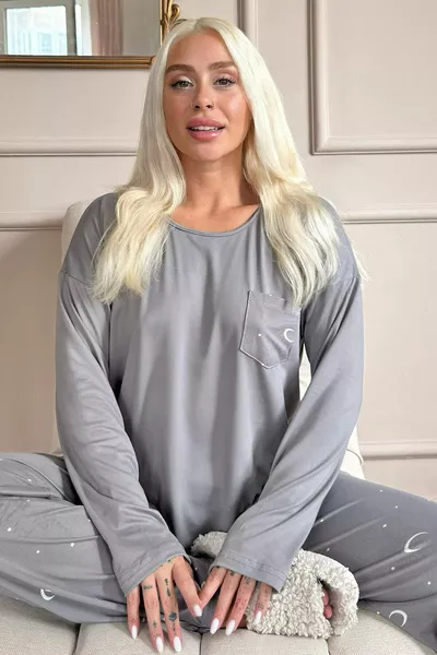 Anthracite Moon and Star Pattern Bamboo Long Sleeve Women's Pajama Set